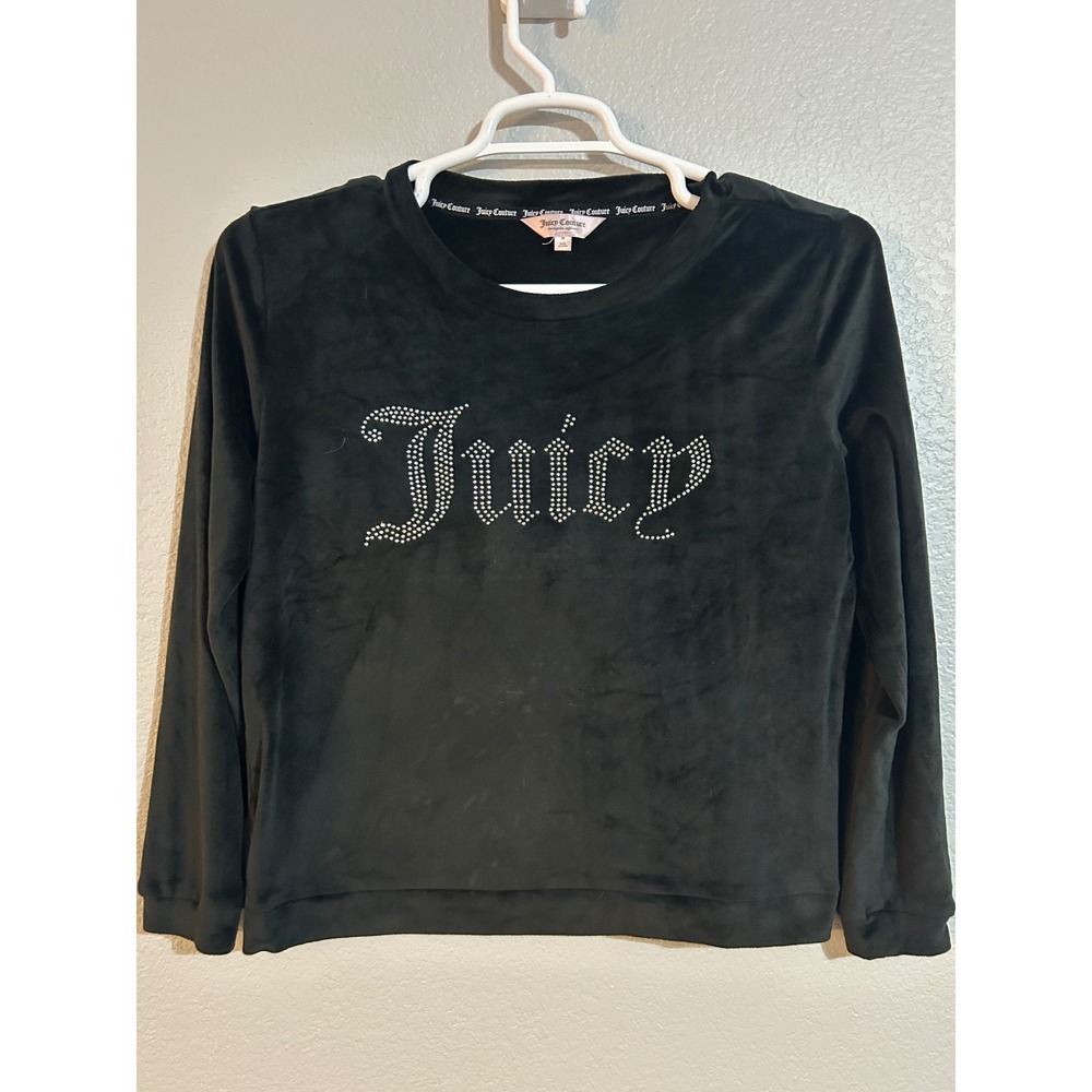 Juicy Couture Black Velour Rhinestone Logo Sleepwear Top Womens M Long Sleeve